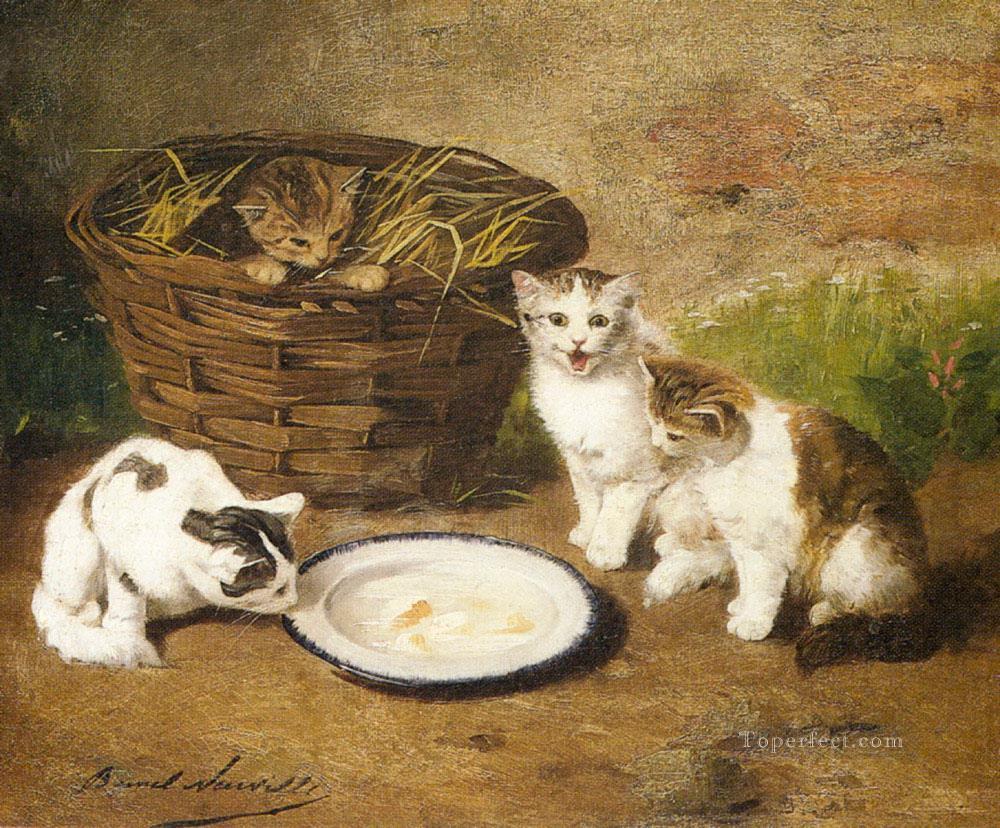 Kätzchen durch eine Schale Milch Alfred Brunel de Neuville Ölgemälde